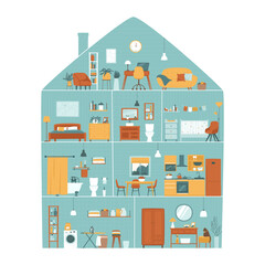 House with room interiors. Part of the house with rooms: bathroom, living room, home office, bedrooms, kitchen, attic. Sectional house concept. Flat vector illustration.