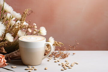 Cup of coffee with milk and chocolate with dried grass, Generative ai, Neutral Colours