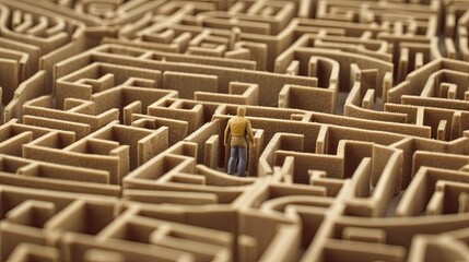 Man in maze. Businessman lost in labyrinth. Finding way. Problem solving, making decision, finding solution and challenger concept created with Generative AI Technology