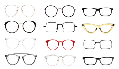 Set with different eyeglasses isolated on white