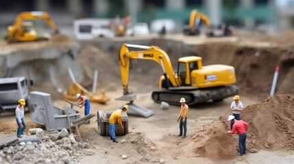 Building construction. Miniature builders at work. Small toy construction equipment and uniformed workers on site. Industrial concept with figurines created with Generative AI Technology
