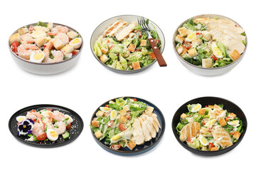 Set of Caesar salad in dishes isolated on white