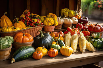 autumn pumpkins, gourds, squash on the market, farmers markets with an array of fresh produce, generative ai
