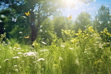 Meadow with flowers and daises, butterflies, bright and sunny, grass and greenery, Generative Ai