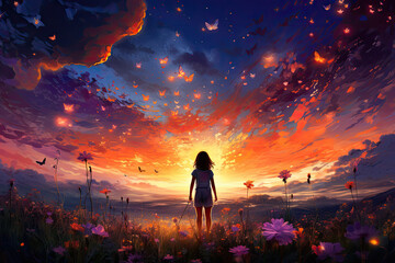 Girl in the sunset with Butterflies and Glowing Sky, Generative Ai