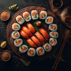 Sushi with salmon, Japanize food, fresh fish, rice, vegetables, fruits, colors, flowers