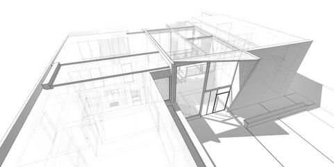 Modern house architectural drawing 3d illustration 
