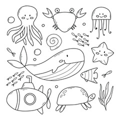 Set of sea animals in doodle style. Vector illustration. Collection of marine inhabitants. Linear crab, octopus, jellyfish, whale, fish.