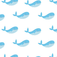 Childish seamless pattern with a whale. Vector illustration. Kids print with a skim whale.