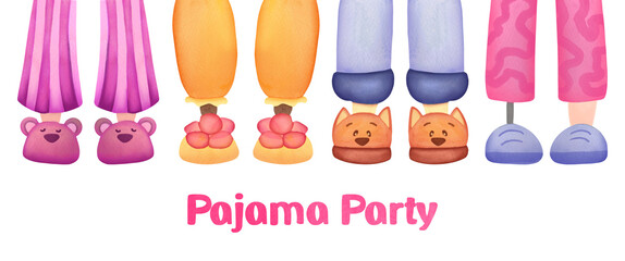 pink Pajama party. Legs in funny fluffy comfort slippers on transparent background. slumber watercolor style for kids. invitation to birthday celebration in comfortable shoes, clothes. Good night