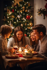 Happy family eating festive Christmas dinner with kids at home, Christmas tree in background. Generative AI - 629514806
