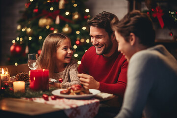 Obraz na płótnie Canvas Happy family eating festive Christmas dinner with kids at home, Christmas tree in background. Generative AI