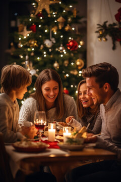 Happy Family Eating Festive Christmas Dinner With Kids At Home, Christmas Tree In Background. Generative AI