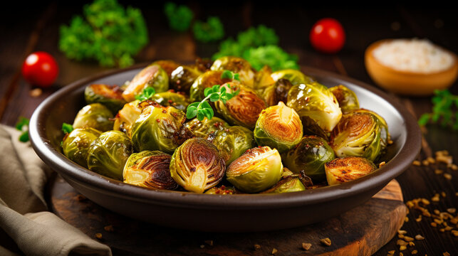 Brussels Sprouts in a bowl roasted with olive oil on dark wooden background. Vegetarian cuisine. Healthy vegetable side dish. Thanksgiving day food concept. Traditional roasted Brussel sprouts