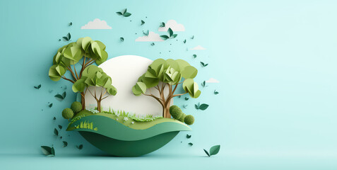 Creative concept Earth Day banner template. Nature, trees and green leaves in paper cut out style. 3d render illustration style illustration.