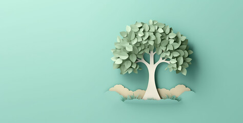 Creative concept Earth Day banner template. Nature, trees and green leaves in paper cut out style. 3d render illustration style illustration.