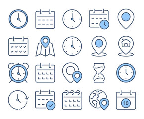 Time, date and address blue editable stroke outline icons set isolated on white background flat vector illustration. Pixel perfect. 64 x 64.