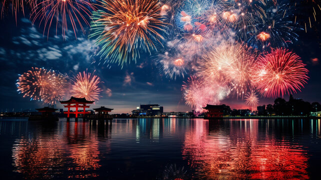花火大会　打ち上げ花火　日本の夏　祭　AI画像 | fireworks, Japan, summer, Generative AI
