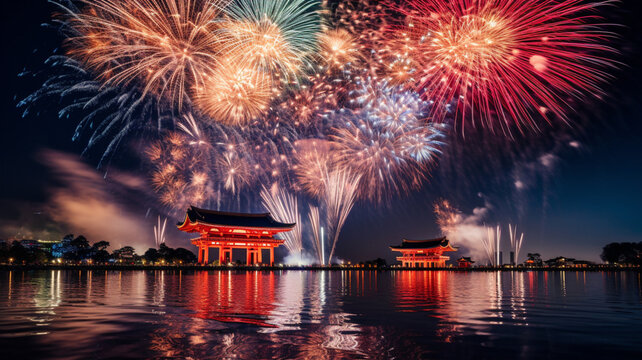 花火大会　打ち上げ花火　日本の夏　祭　AI画像 | fireworks, Japan, summer, Generative AI