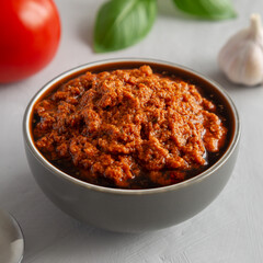 Homemade Sun Dried Tomato Pesto in a Bowl, side view. Copy space.