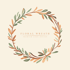 Vector floral hand drawn logo wreath in minimal style on flat background. Circle frames logos. For badges, labels, wedding invitations logotypes and branding business identity.