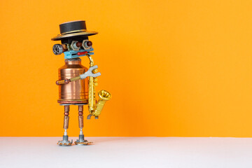 Robot saxophonist musician plays a solo part. A toy character with a saxophone looks away from himself and plays music. Musical performance advertising poster template.