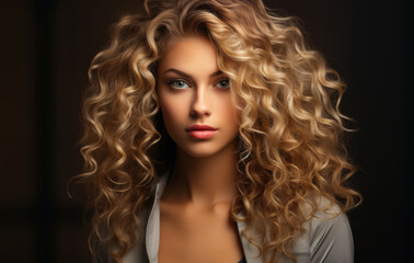 Fototapeta premium Portrait of a beautiful young woman with curly blonde hair. Generative AI.