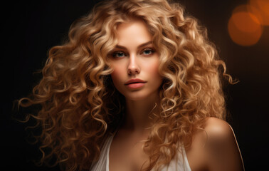 Fototapeta premium Portrait of a beautiful young woman with curly blonde hair. Generative AI.