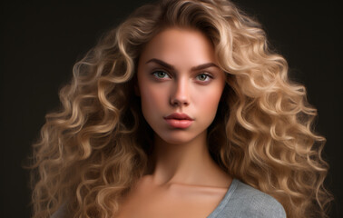 Fototapeta premium Portrait of a beautiful young woman with curly blonde hair. Generative AI.