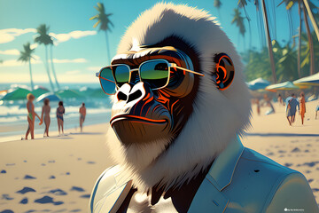 gorilla with sunglasses on the beach - obrazy, fototapety, plakaty