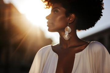 Ebony model in ethnic earrings.