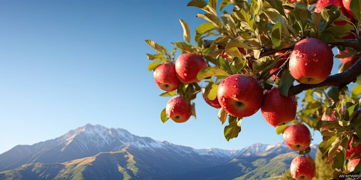 Fresh red apples on tree background. Healthy apple season. Organic fruit in mountain garden concept