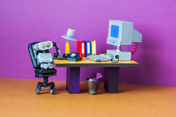 Phone conversation. Robot office manager, retro rotary telephone toy office with a table, books, a personal computer, a desk lamp and a leather armchair. Violet wall, brown floor background