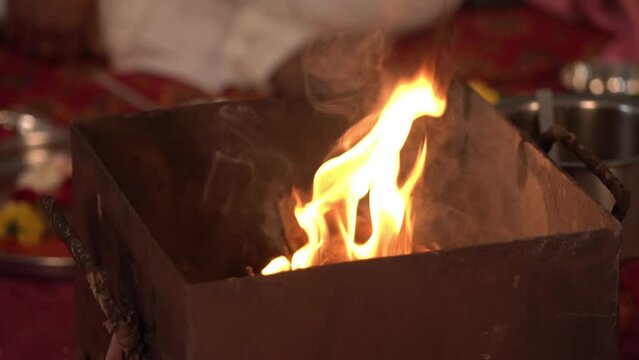 Hawan kund flame, Indian Spiritual tradition to Worship god in Hinduism. Indian culture, Hindu Wedding rituals background