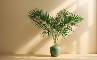 Fototapeta premium Plant in Trendy Green Vase inside Beige Room, Generative Ai