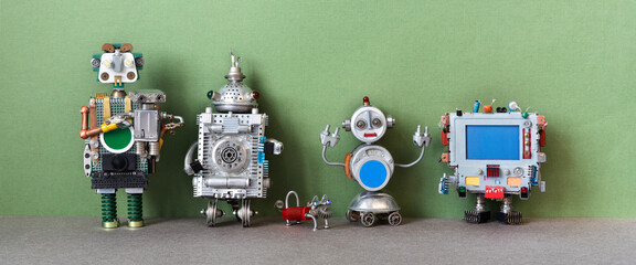 Creative design toy steampunk robots. Metal copper silver texture characters lined up in a row. A group of robots of different height, color and material. green background. - 629518490