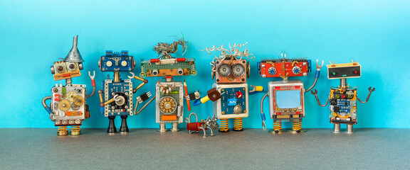 Creative design toy steampunk robots. Metal copper silver texture characters lined up in a row. A group of robots of different height, color and material. blue background