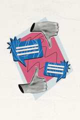 Vertical artwork collage image of black white effect arms demonstrate thumb up down symbol dialogue...