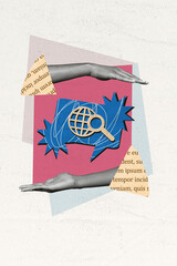 Vertical collage image of dialogue bubble magnifier loupe global web dialogue bubble between two...