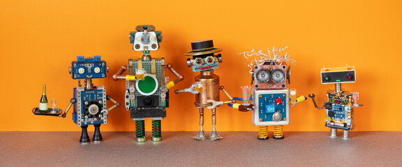 Drink party poster. Five robots with champagne beer wine drinks on an orange background. Beer wine...
