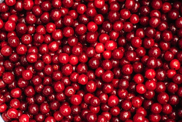 Harvest of red cherries on the market counter. Cherry background. Cherry top view. Cherry flat design. Fruit macro.