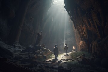 Explorers ancient cave. Generate Ai