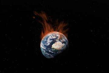 Burning planet Earth in flames in space black background. 3D Rendering Illustration Global Warming political concept idea