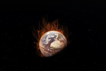 Burning planet Earth on fire in open space black background. 3D Rendering Illustration Global Warming political concept idea