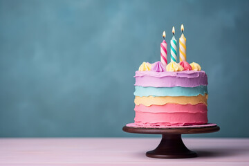 Birthday colorful cake decorated with sweets, rainbow cream, candles on a blue background. Generative AI	