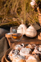 Autumn picnic. Table prepared for lunch in autumn nature, picnic . Harvest, autumn lunch, tea set. Outdoor meeting