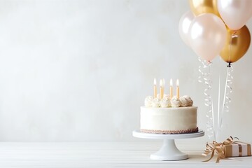 Birthday white cake decorated with candles, sweets, cream on a light white background with balloons. Generative AI
