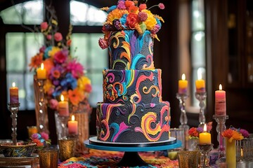 Colorful huge bright cake decorated with flowers, sweets, lollipops, chocolate. Generative AI