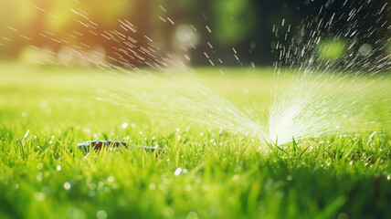 sprinkler watering the grass in the garden. Generative AI