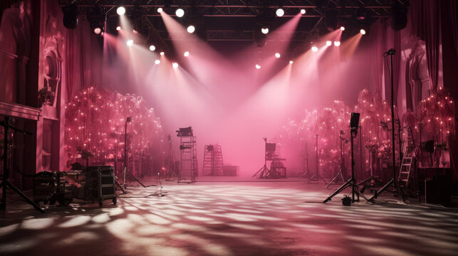 Pink film set. Film shooting, women show, fairy tale story, glamor talk show